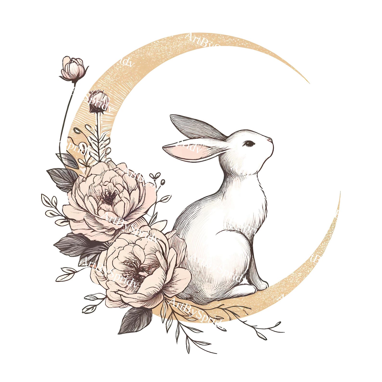 Floral Moon Rabbit PNG, Elegant Vintage Bunny Illustration, Boho ...