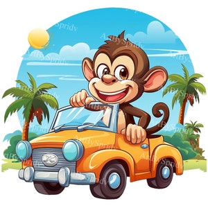 Netter Affe, der ein Auto fährt transparente PNG Tier Clipart, Kinder / Erwachsene Cartoon-Design, printable Sublimation, Werbung, Babyparty Clip Art