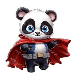 Superheld Panda PNG Clipart, Cartoon Bär mit Umhang und Gürtel, transparente Illustration für Kinder Dekor, DIY Handwerk, Party-Einladungen, T-Shirt
