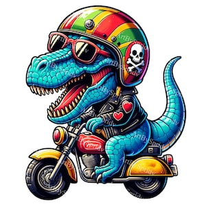 Motorrijden T-Rex digitale clipart, dinosaurus motorrijder PNG, afdrukbare sublimatie illustratie, unieke fiets Dino Kids DIY Craft illustraties