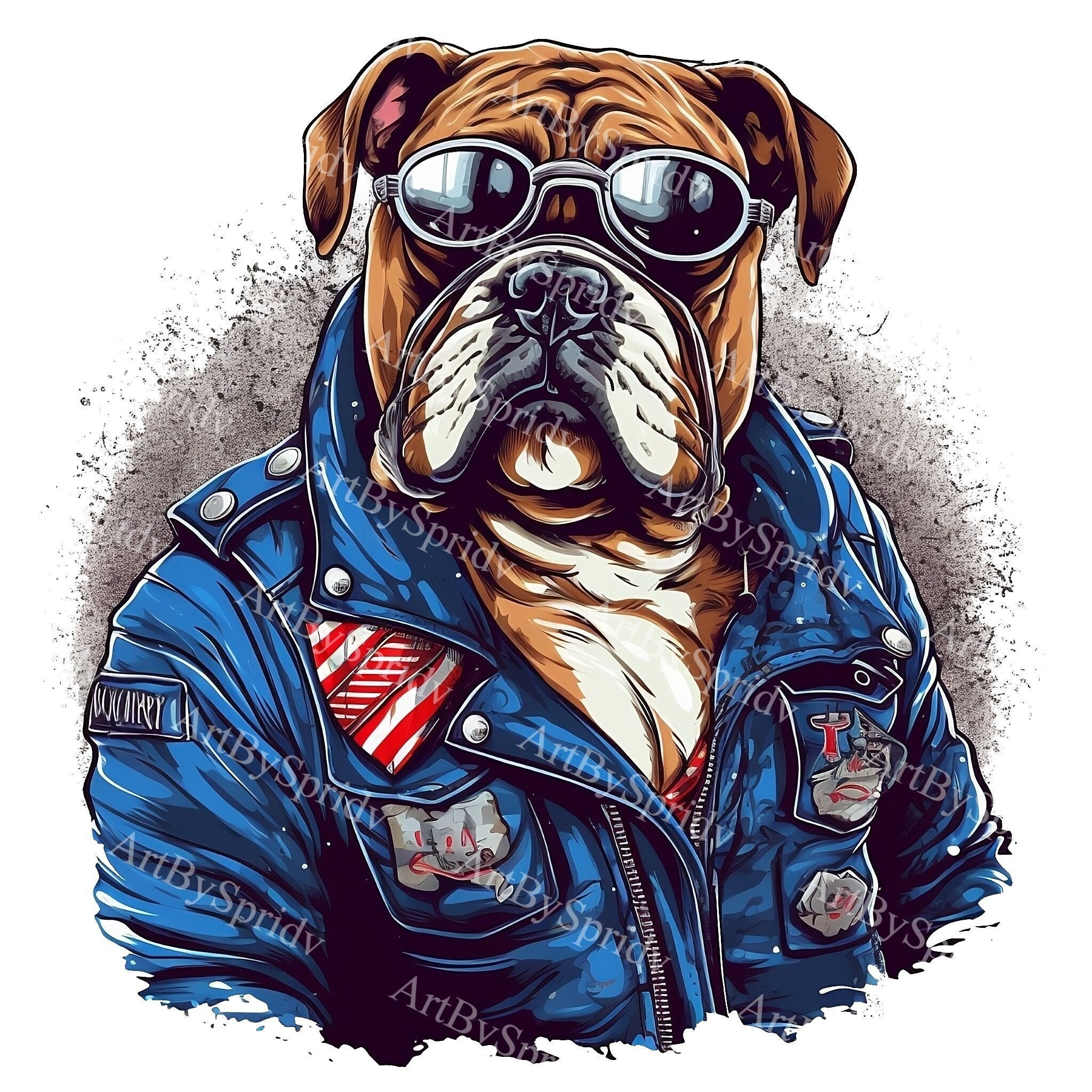 1978　カリフォルニア メガレア！90年代！BULLDOG ART！ Cool Biker Bulldog Clipart – Tough Bulldog in Leather Jacket