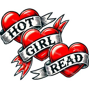 Hot Girl Read Heart Clipart | Bold Tattoo-Style Digital Clip Art PNG | Literary-Themed Design for Stickers, DIY Crafts, Decor, DTG T-Shirt