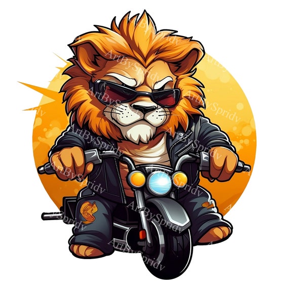 バイクに乗るライオンの透明なPNGクリップアート、子供/大人のデジタル