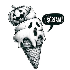 May include: A black and white illustration of a ghost-shaped ice cream cone with a jack-o'-lantern on top. The cone is dripping with melted ice cream and has a speech bubble that says "I SCREAM!"