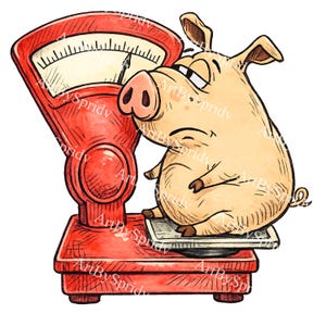 May include: A whimsical illustration of a pig on a red scale. The pig, with a slightly annoyed expression, is positioned on the scale's tray. The scale has a white face with black markings and a needle. The image has a watercolor style.