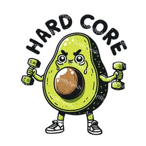 Hardcore Avocado Cartoon PNG Clipart, Cute Avocado Lifting Dumbbells Illustration, Fitness Fruit Digital Download, Funny Workout Clip Art