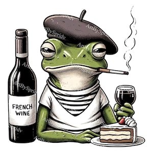 Whimsical French Frog PNG Clipart with Beret, Wine Bottle, and Cake | Charming Digital Download for Scrapbooking, Invitations, and Prints