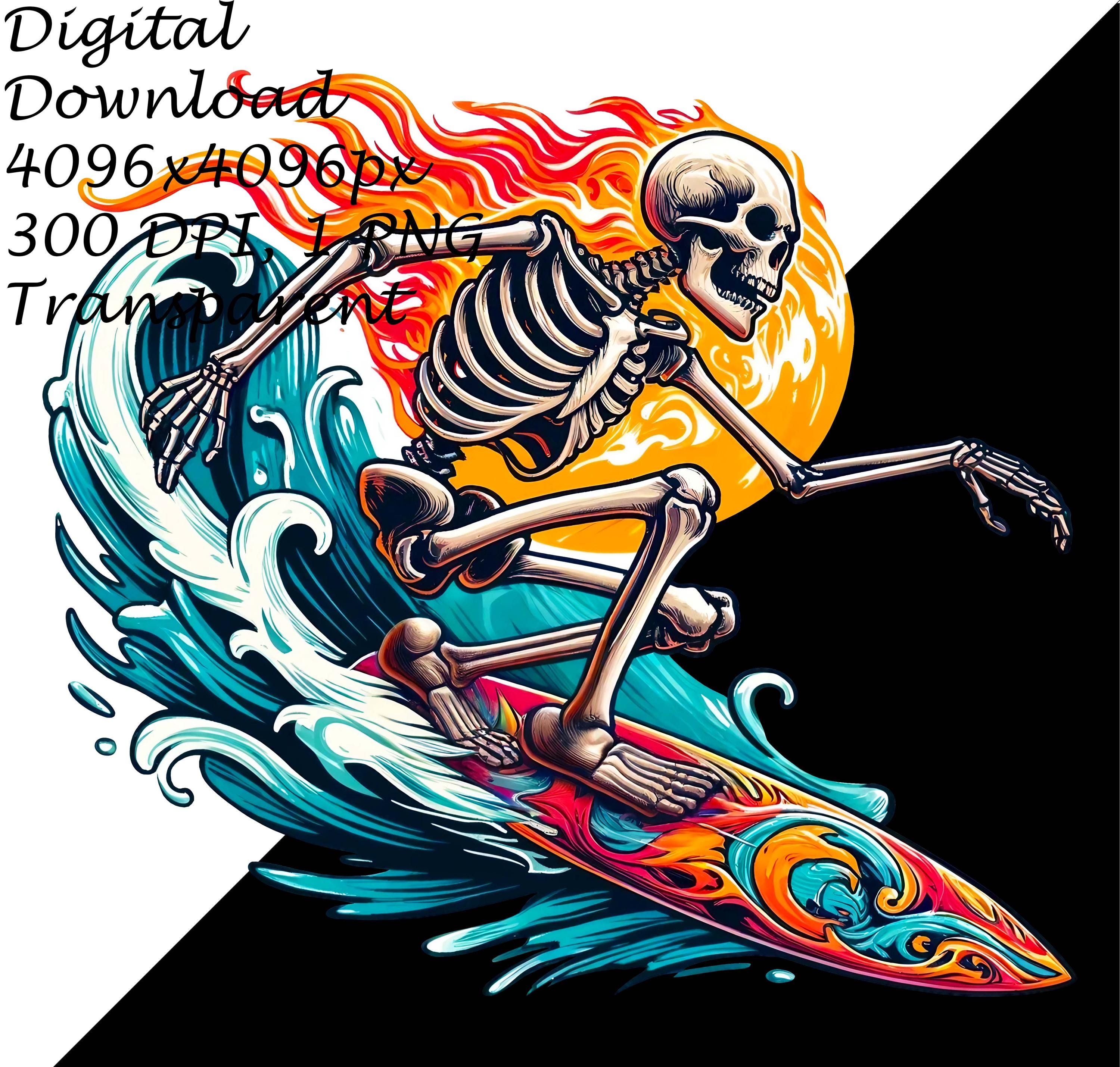 Skeleton Surfing Clipart on Vibrant Surfboard With Flames – Transparent ...