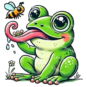 Cartoon Frog Catching Insect with Tongue PNG Clipart, Exaggerated Eyes Amphibian Illustration, Playful Animal Clip Art for Kids, Nursery,DIY