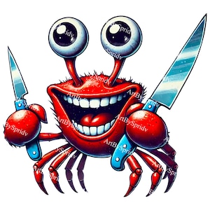Lustige PNG PNG | Verrückte Cartoon Krabbe mit Messern | Transparente Clipart für Sublimation, Aufkleber, T-Shirts, Becher & Print on Demand