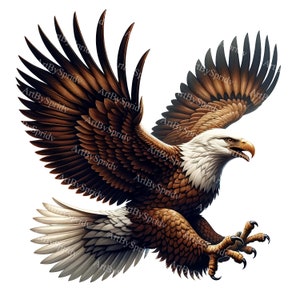 Águila realista en vuelo Clipart - Pluma detallada PNG para DTG, camisetas, tazas, vasos, álbumes de recortes, sublimación - Descarga de arte digital