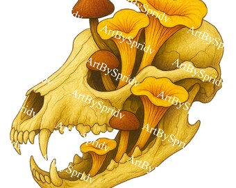 Mushrooms Growing in Animal Skull PNG, Gothic Forest Skull Clipart, Dark Botanical Transparent Design, Witchy Nature T-Shirt Sublimation Art