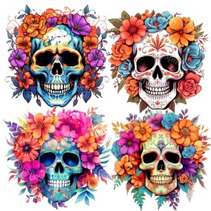 Floral Sugar Skull PNG Clipart Bundle, Day of the Dead Clip Art, Mexican Calavera Skeleton with Flower Crown, Dia de los Muertos, DIY Craft