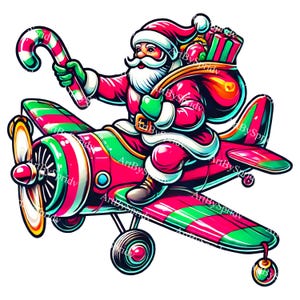 Weihnachtsmann fliegen Flugzeug Weihnachten PNG Clipart, Retro Weihnachten Urlaub T-Shirt, Becher Sublimation festliche Clip Art für Karten, DIY Handwerk, Dekoration