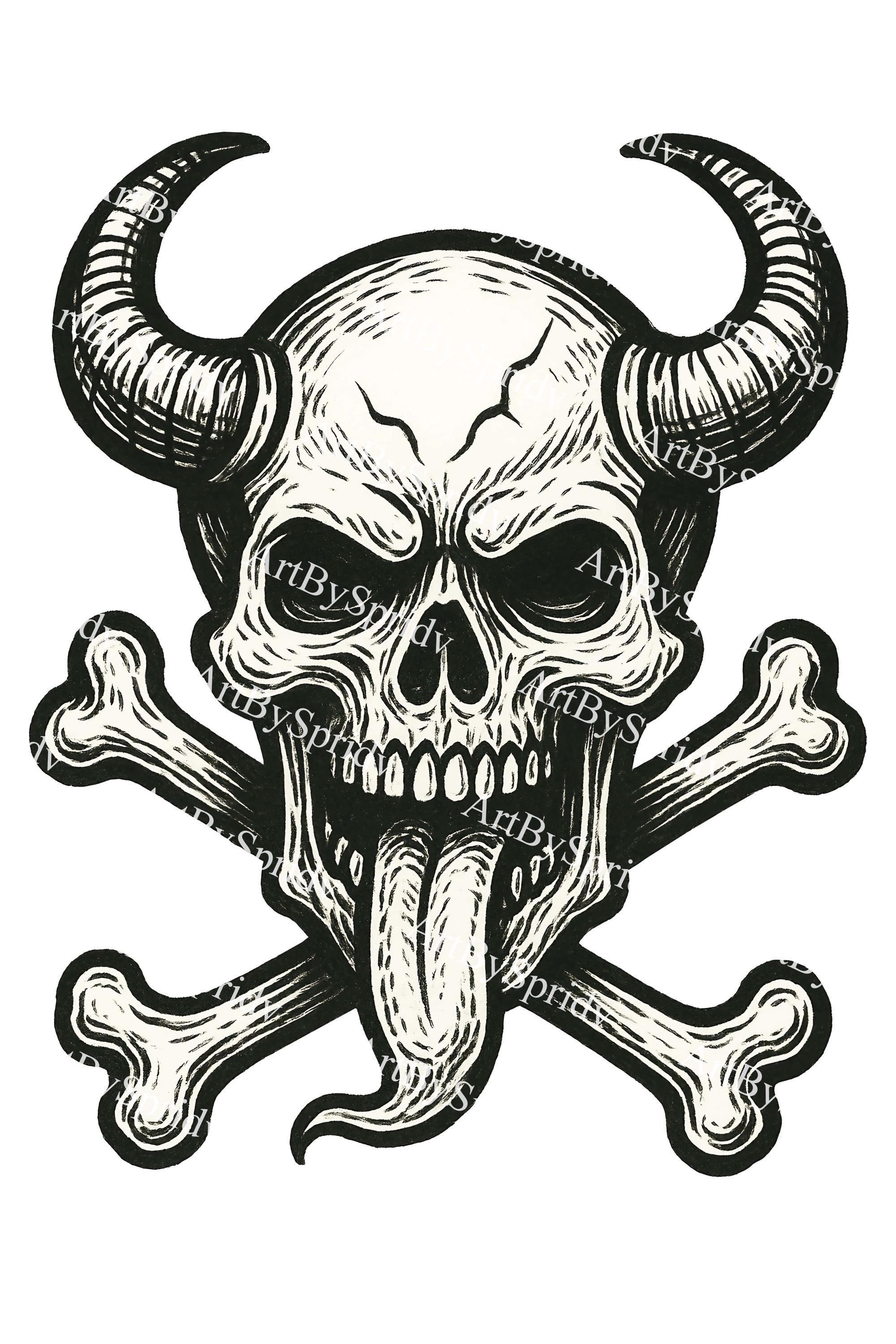 Horned Skull With Tongue and Crossbones PNG, Gothic Skull Clipart