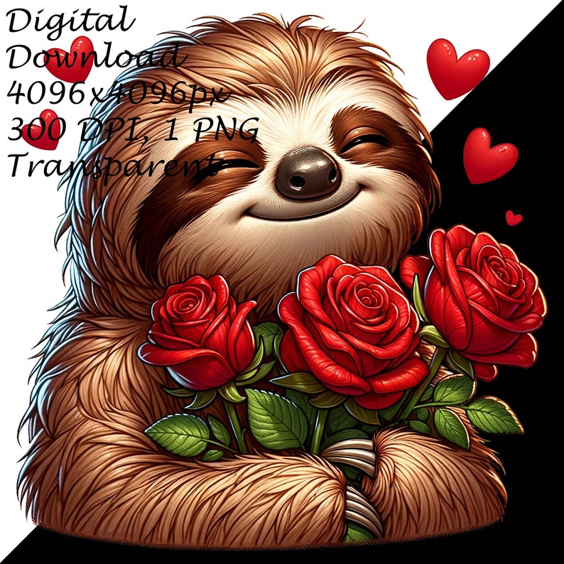 Sloth With Red Roses Clipart - Valentine's Day Digital PNG, Perfect for ...