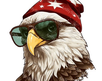 Cool Eagle Clipart Transparent PNG | Hipster Eagle Illustration | Patriotic Animal Graphic | Bald Eagle Clip Art | Trendy Digital Download