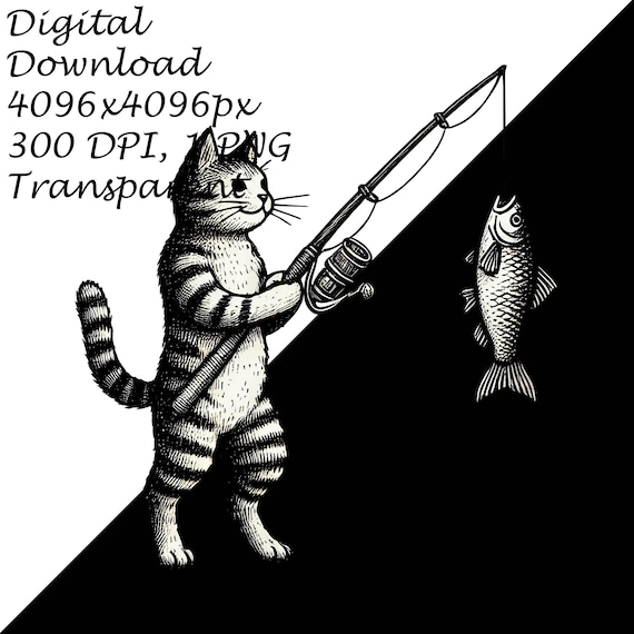 black and white man with fishing pole here kitty kitty Cat Toy Cute Vintage Cat Fishing PNG,