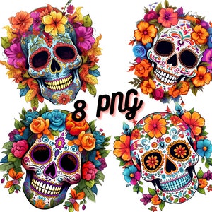 Sugar Skull Clipart Bundle - 8 PNGs | Day of the Dead Floral Skulls | Dia de los Muertos Digital Art | Instant Download | Halloween Decor
