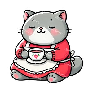 Puede incluir: Un gato gris con un suéter rojo y un delantal blanco está sentado y sosteniendo una taza de té. El gato tiene los ojos cerrados y una expresión relajada.