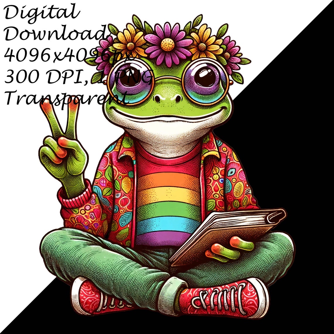 Hippie Frog PNG Clipart-retro Boho Frog With Flower Crown,peace Sign ...