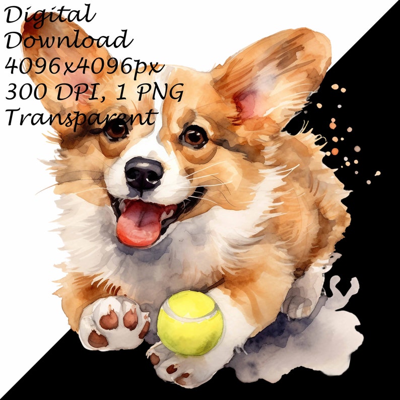 Cute Watercolor Corgi Puppy Dog With Tennis Ball - Transparent 4 PNG ...
