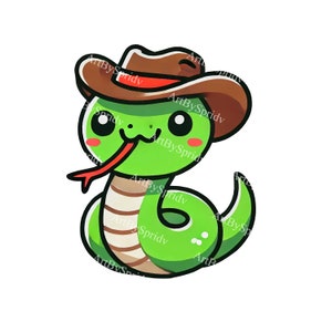 Cartoon Snake in Cowboy Hat PNG Clipart, Adorable Western Cute Green Snake Digital Download for Kids&Nursery Art,Kawaii T-Shirt Sublimation