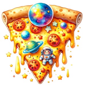 Weltraum-Thema Pizza Clipart - Cartoon Galaxie, Planeten & Sterne PNG für DTG, T-Shirt, Becher, Becher, Sublimation, Scrapbooking-Digital Clip Art