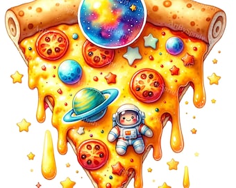 Space-Themed Pizza Clipart - Cartoon Galaxy, Planets & Stars PNG for DTG, T-Shirt, Mug, Tumbler, Sublimation, Scrapbooking-Digital Clip Art