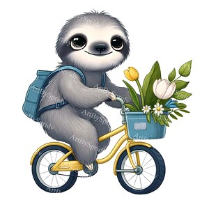 Adorable paresseux à vélo PNG Clipart | Charmante illustration dessinée à la main de paresseux avec des fleurs | Parfait pour les projets d'artisanat et la décoration de printemps