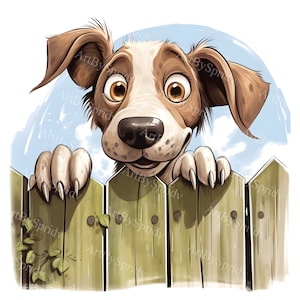 Hond gluren uit hek transparante PNG-clipart, kinderen/volwassenen cartoon design, afdrukbare sublimatie, commercieel gebruik, magische dieren illustraties