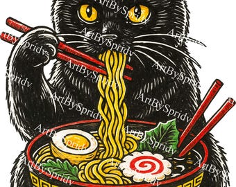 Cute Black Cat Eating Ramen Noodles PNG, Kawaii Japanese Food Clipart, Instant Download Transparent File for T-Shirt Sublimation & Stickers