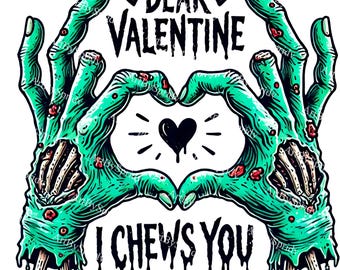 Zombie Valentine PNG-clipart 'I Chews You', Horror Love Undead Heart Hands Illustratie voor Gothic, Halloween, Valentijnsdag DIY Craft Design