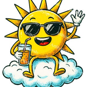 以下が含まれることがあります： サングラスをかけた笑顔の太陽が、ストロー付きの飲み物を持って雲から手を振っている漫画のイラスト。太陽は黄色で黒いアウトラインがあり、飲み物はオレンジ色です。雲は白と青です。
