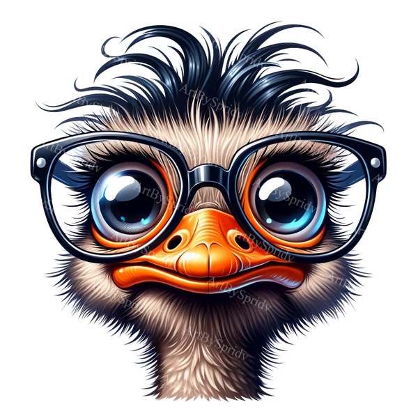 Clipart humoristique d’autruche - Oiseau drôle avec des lunettes PNG, Art numérique pour DTG, T-Shirt, Mug, Tumbler, Sublimation, Scrapbooking - Télécharger