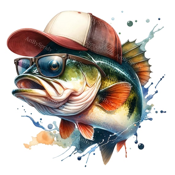 Realistic Bass Fish Clipart with Baseball Cap & Sunglasses - Digital PNG for DTG, Mugs, Tumblers, Scrapbooking -Stylish Fish Sublimation Art