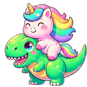 Cute Cartoon Unicorn Riding on T-Rex Dinosaur Clipart - Digital Download-Kawaii Animal Illustration for Kids Room Decor, Party Invites,Craft