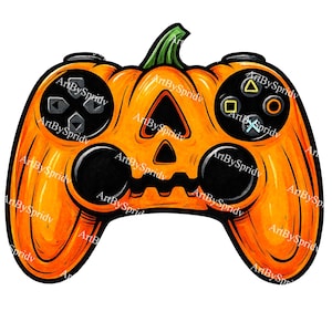 May include: Orange and black Halloween-themed video game controller illustration. The controller is shaped like a pumpkin with a carved face. It has black buttons and directional pads, with the text "ArtBySpridv" repeated around the edges.