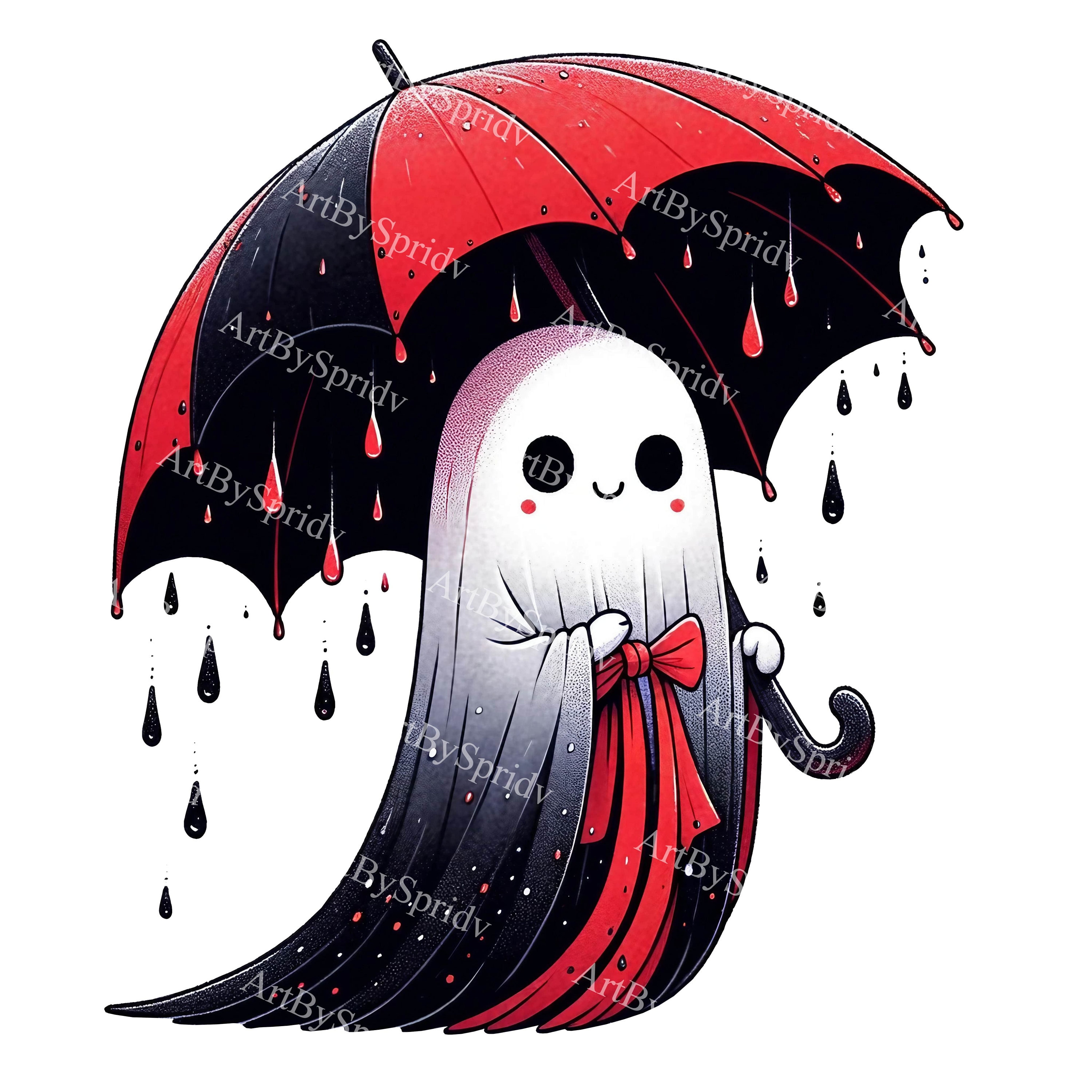 Whimsical Ghost Clipart With Red Umbrella, Cute Specter Png