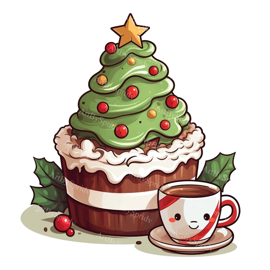 Christmas Tree Cake With Star & Cup of Coffee Transparent PNG Xmas