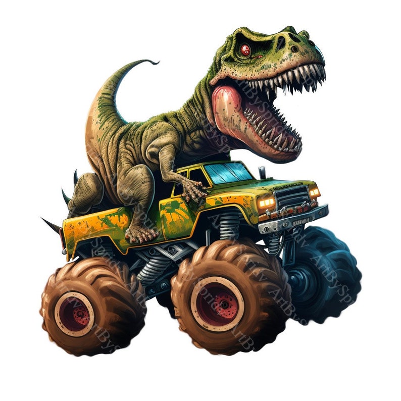 May include: A green and yellow monster truck with a large, green dinosaur riding on top. The dinosaur has a wide open mouth with sharp teeth and is looking to the right. The truck has large, brown tires and is driving on a white background.