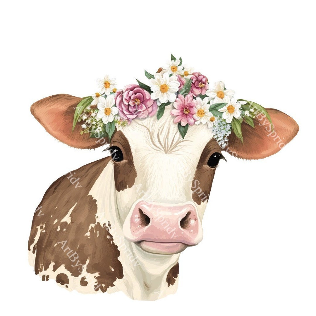 Floral Cow PNG Clipart, Farm Animal With Flower Crown, Cute Rustic Clip ...