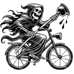 Op de afbeelding: Zwart-witte illustratie van de Dood die op een fiets rijdt met een zuiger in de hand. De Dood draagt een kapmantel en heeft een skeletachtig gezicht. De fiets heeft een zwart frame en wielen.