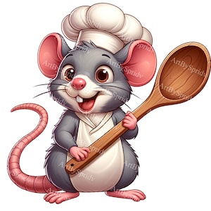Chef Mouse Clipart, Cute Cartoon Rodent Cooking Illustration, Adorable Animal PNG, Digital Download for Sublimation & Printables DIY Craft