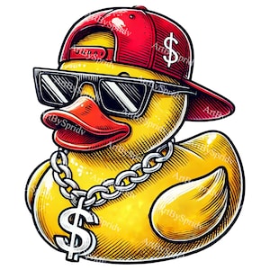 Gummiente PNG Clipart mit Sonnenbrille, Dollar-Zeichen-Halskette, Kappe, Hip Hop Ente digitaler Download, lustiger SVG für Handwerk DIY-Projekte