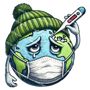 Sick Earth Cartoon Illustration PNG, Climate Change Awareness Clipart, Sad Planet with Mask and Thermometer, Environmental Digital Clip Art