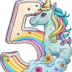 5th Year Old Girl/Boy Birthday Unicorn Gift Transparent PNG Clipart, Baby/Toddler Cartoon Design, Printable Sublimation Clip Art, Commercial