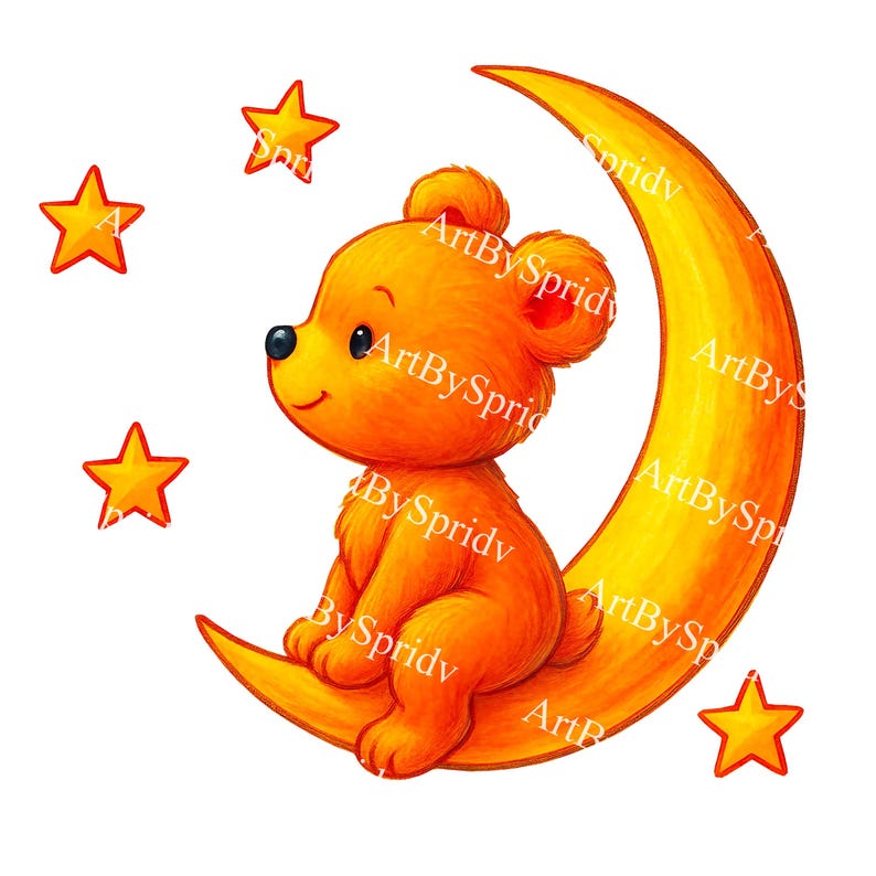 Teddy Bear on Moon PNG, Cute Bear Sitting on Crescent With Stars ...