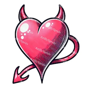 Puede incluir: Un corazón rosa con cuernos de diablo y una cola. El corazón está dibujado en un estilo de dibujos animados con contornos negros y sombreado.
