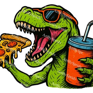 Cool T-Rex Eating Pizza PNG, Funny Dinosaur with Soda and Shades Clipart, Retro Cartoon Dino Sublimation, Fast Food Lover Printable Design